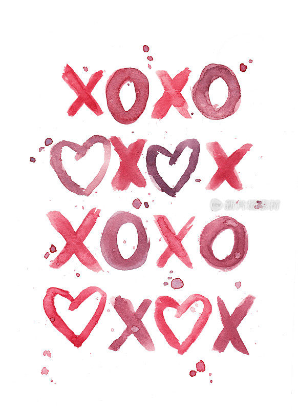 情人节拥抱和亲吻XOXO -原创水彩画